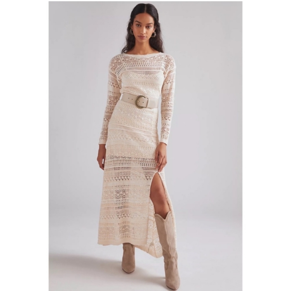 Anthropologie Maxi Crochet Long Sleeve Dress Front Slit Peachy Cream